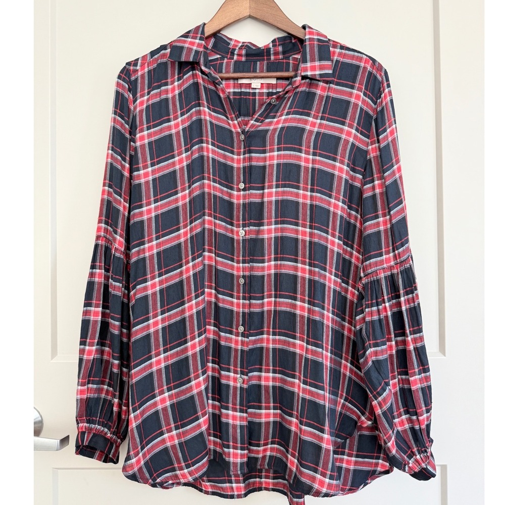 LOFT Black Red Plaid Balloon Peasant Sleeve Button Up Blouse size‎ Large